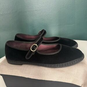 Flabelus Black Velvet Mary Jane Flats with Gold Buckle